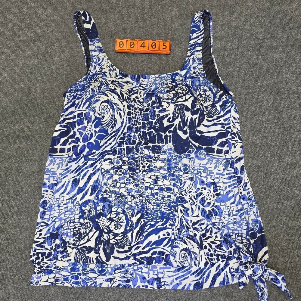 Beach Belle white and blue floral and abstract print bathing suit top size 28.